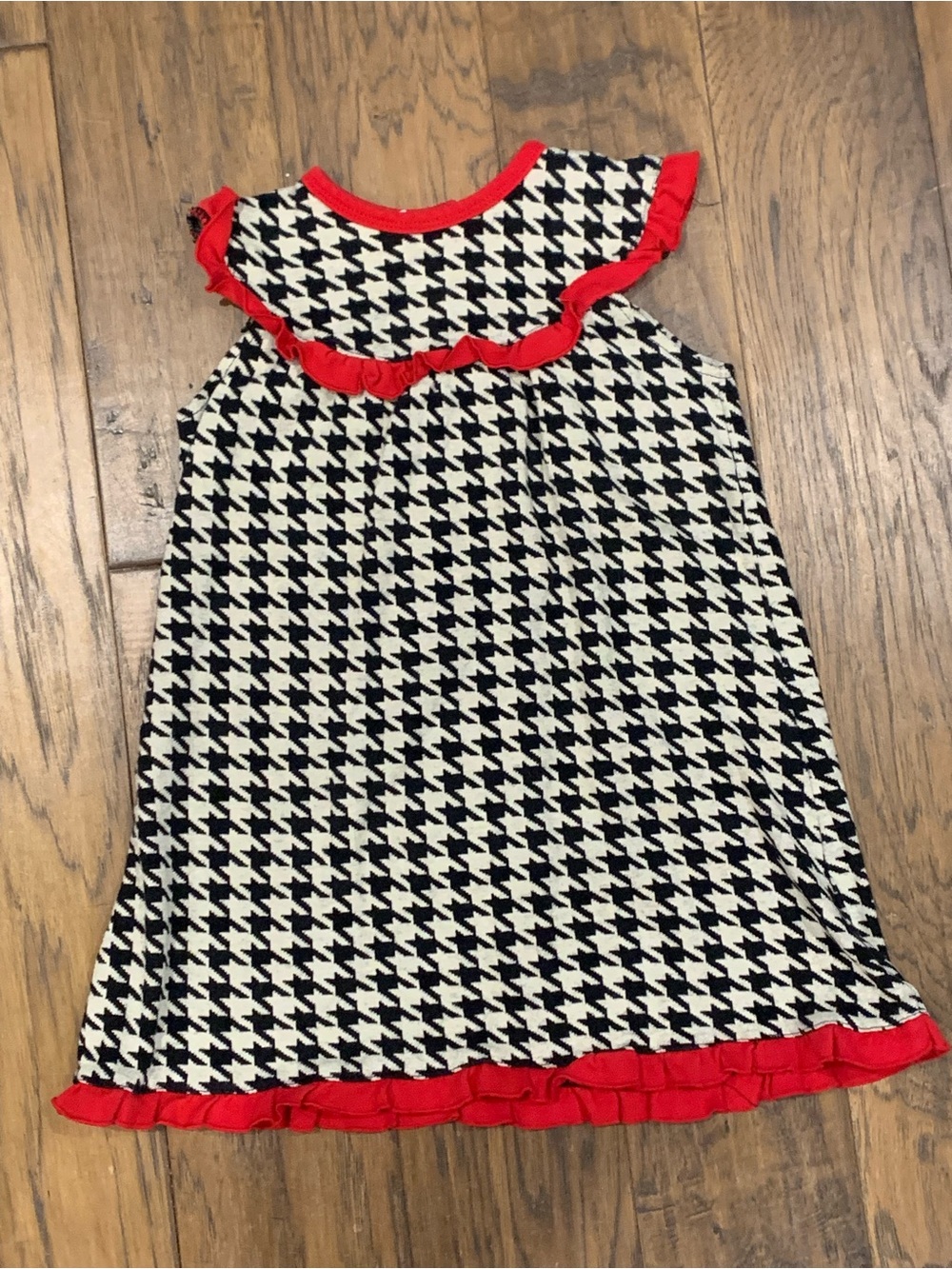 Girls Black & White Houndstooth Dress with Red Trim